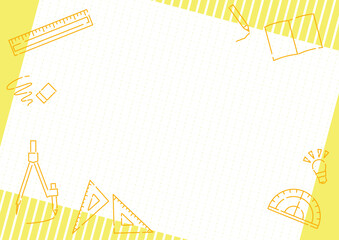 文房具と方眼用紙のポップなフレーム_イエロー