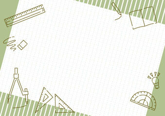文房具と方眼用紙のポップなフレーム_グリーン