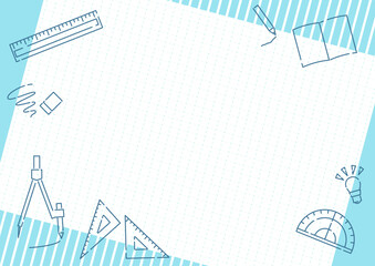 文房具と方眼用紙のポップなフレーム_ブルー