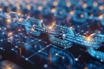 A chain with glowing lights on top, showcasing an interconnected network of blocks, Show the interconnected network of blocks in a blockchain