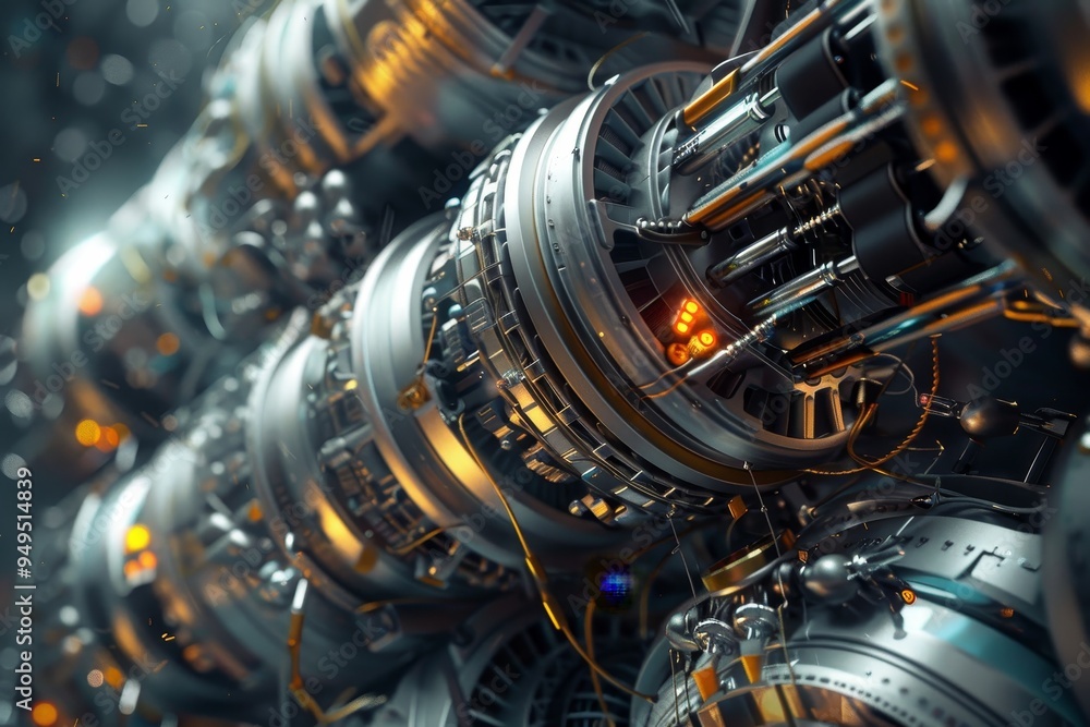 Poster detailed view of a machine showing numerous interconnected gears and mechanisms in motion, show the 
