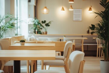 A cozy caf? interior featuring wooden tables, soft seating, and greenery for a relaxing atmosphere.