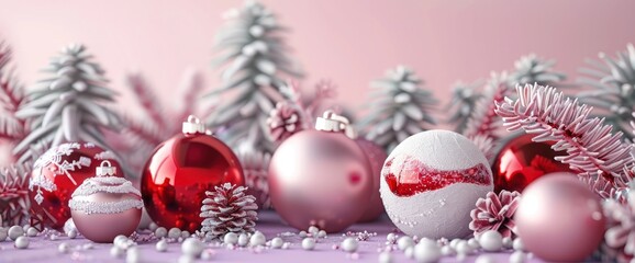 Christmas balls and decorations on a soft lavender background, festive holiday decor, 3D rendering.