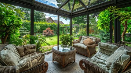 A stylish conservatory with glass walls and ceiling, filled with lush greenery, comfortable rattan furniture, and a view of a well-maintained garden.