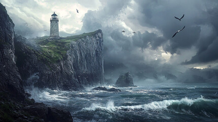 Dramatic, rugged rocky cliffs, crashing ocean waves, high quality, photorealistic, coastal beauty, seagulls, lighthouse, stormy weather, panoramic views::1.1 hidden coves, misty fog, tidal pools, 