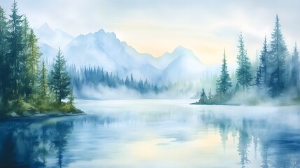 Fototapeta premium Serene mountain lake at sunrise mist rising from water and pine trees watercolor