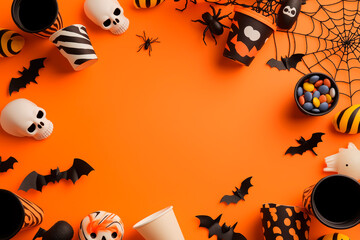 Halloween skulls and bats on orange background