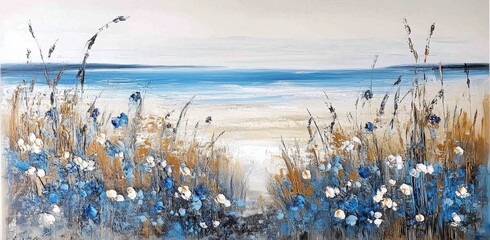 Abstract Blue and White Wildflower Field Painting