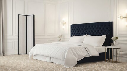 Minimalist navy bedroom with elegant lighting, white linens, and tan carpet.