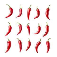 Flat lay of spicy red chilies on transparent background