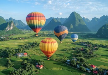 Fototapeta premium A photo of hot air balloons floating over the rice fields in Asia showcasing picturesque greenery and mountains in the background.