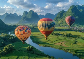Obraz premium A photo of hot air balloons floating over the rice fields in Asia showcasing picturesque greenery and mountains in the background.
