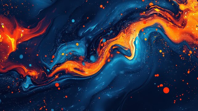  Dynamic abstract design with swirling blue and fiery orange colors, creating a vibrant and energetic visual effect reminiscent of molten lava and ocean waves.