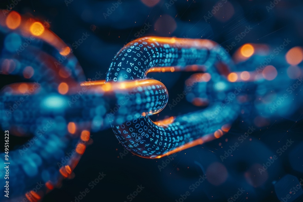 Poster a detailed view of a chain with ambient lights in the background, showcasing the intricacy of the me