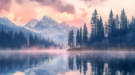 Printed kitchen splashbacks Mountain lake at sunrise with mist and pine forest soft pastel watercolor effect