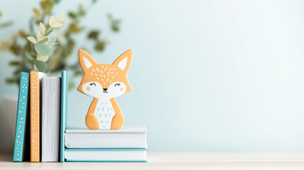 Wooden fox bookend with books and plant, cute nursery decor, woodland-themed reading corner, minimalist children's room setup