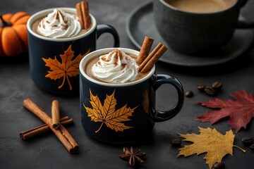 A Thanksgiving coffee setup with mugs decorated with fall leaves