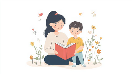 Illustration of a mother reading storybook to young son in flowery meadow, family bonding time, childhood literacy, outdoor learning, parental nurturing