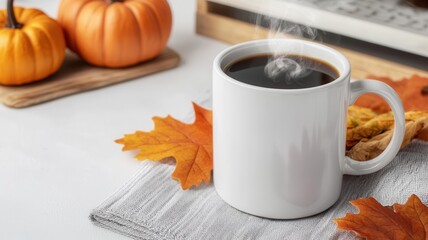 Personalized coffee mugs with Thanksgiving designs, filled with steaming coffee and surrounded by autumn leaves and pumpkins, Thanksgiving coffee lovers, personalized mugs