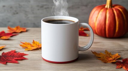 Personalized coffee mugs with Thanksgiving designs, filled with steaming coffee and surrounded by autumn leaves and pumpkins, Thanksgiving coffee lovers, personalized mugs