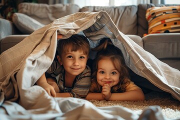 Siblings lay on top of couch snuggled under blanket, Siblings building a blanket fort together in the living room
