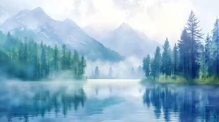 Fototapeta premium Misty morning at mountain lake pine trees surrounding soft watercolor pastels