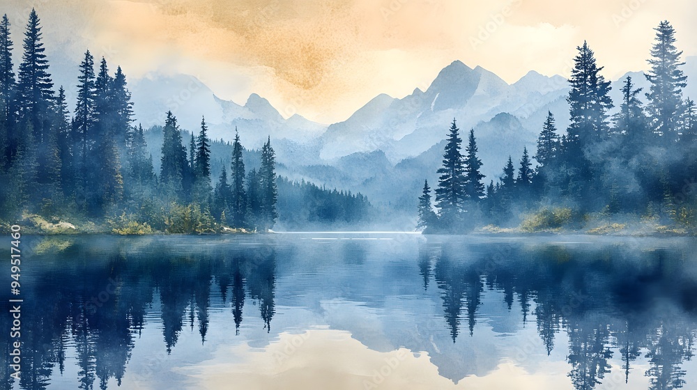 Poster Dawn mist over serene mountain lake pine trees soft watercolor hues