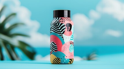 A bold and colorful packaging design for a bottle of protein powder. The packaging features a vibrant color scheme and an illustration of a muscular person.