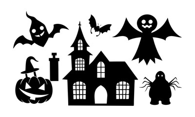 Download Minimalist Halloween Silhouettes Vector Collection: Witch, Jack-O'-Lantern, Haunted House, Bat, Ghost, Black Cat