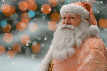 Cheerful Santa in peach attire, 3D render, amidst snow with sapphire Christmas lights blurred in the backdrop.