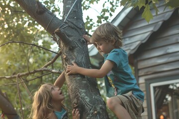Siblings work together to climb a tree in their backyard, Siblings helping each other climb a tree in the backyard