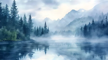 Watercolor misty dawn at mountain lake pine trees surrounding