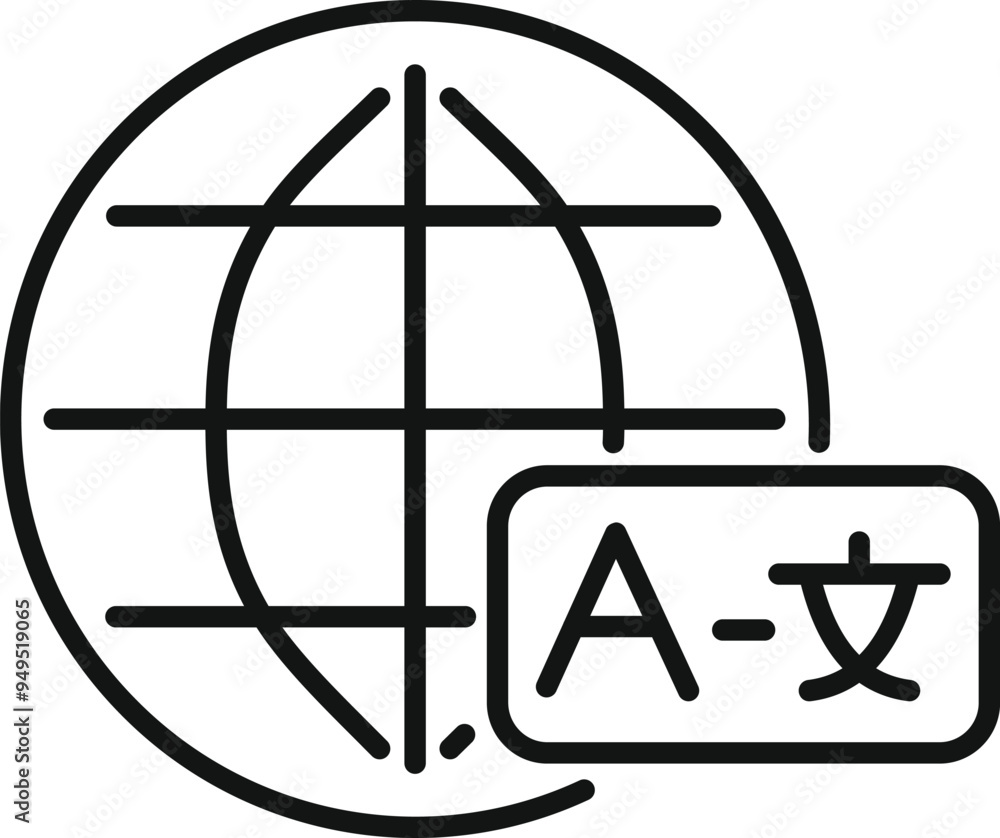 Poster line art style icon of a globe with a translation bubble, representing international communication a