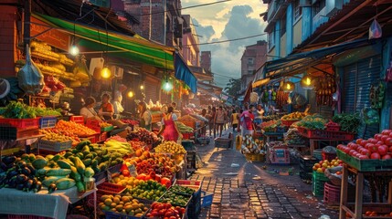 Fototapeta premium A vibrant urban street market with colorful stalls, fresh produce, local artisans, and bustling crowds.