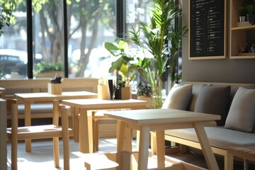 A cozy caf? interior with wooden furniture and plants, creating a welcoming atmosphere.