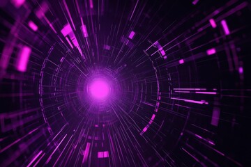 Fototapeta premium Purple neon light streaks radiating from the center on a dark background, evoking themes of technology, big data, and bots , ai