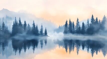Curtains Serene dawn mist over lake with pine trees soft watercolor landscape