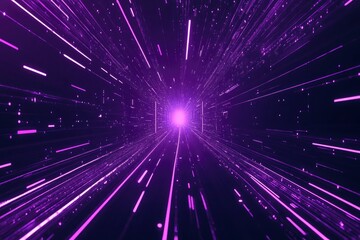 Naklejka premium Purple neon light streaks radiating from the center on a dark background, evoking themes of technology, big data, and bots , ai