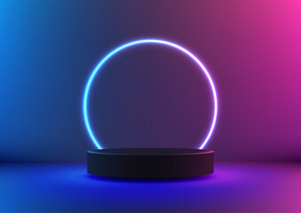 3D Black Podium with Vibrant Blue and Pink Neon Ring, Modern Technology Concept for Product Display and Showcase