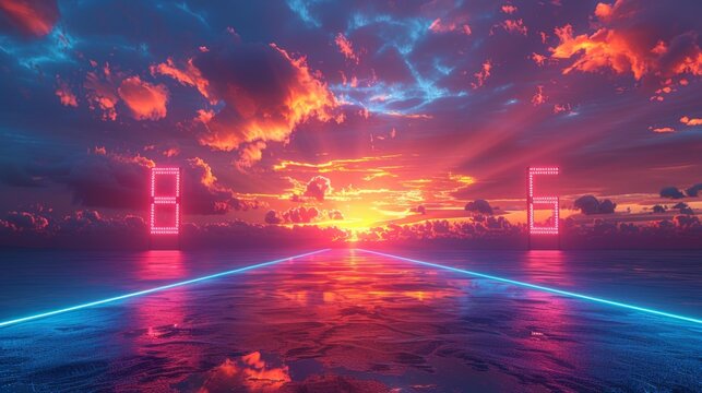 Neon Sunset with Digital Elements Generative AI - Powered by Adobe