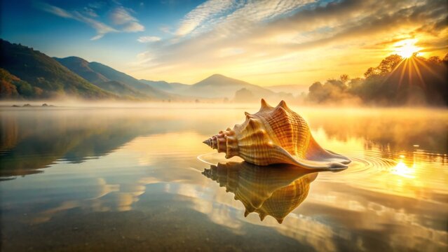 A peaceful Indian lake's surface reflects the conch shell's ornate details, morning dew glistens, misty hills loom, and warm golden light captures the moment's ethereal essence, inviting tranquility.