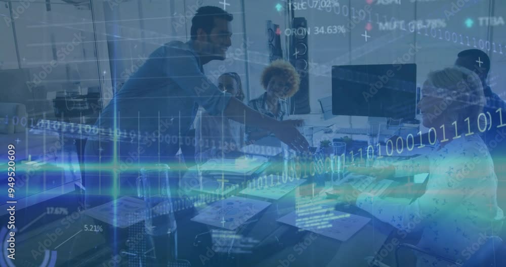Aufkleber binary code and data processing animation over diverse business team in office