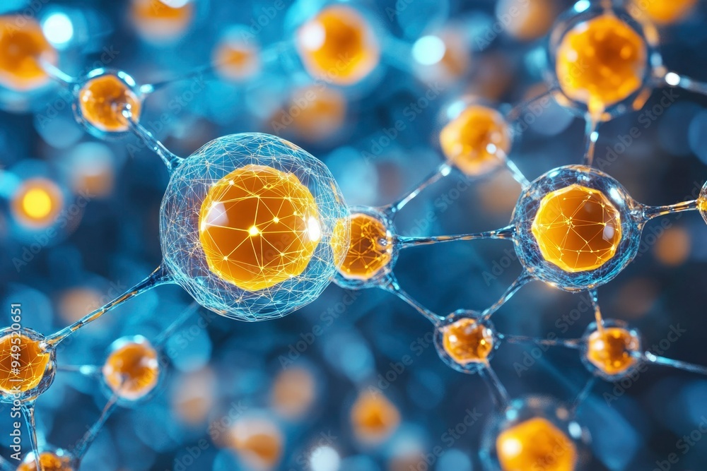 Poster a close-up of interconnected yellow spheres with a network structure