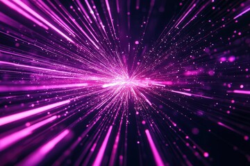 Obraz premium Purple neon light streaks radiating from the center on a dark background, evoking themes of technology, big data, and bots , ai