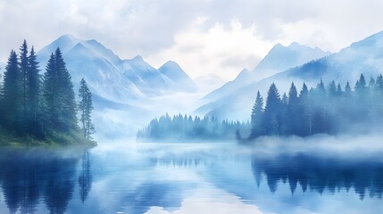 Early morning mist at mountain lake with pine trees surrounding soft watercolor