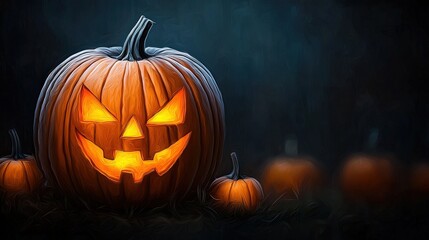 Haunted pumpkin patch with glowing jack o' lanterns, surrounded by a stunning, high contrast digital art effect and a clear focus