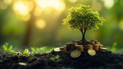 Endowment fund concept Stacks of golden coins with big tree on blurred nature background