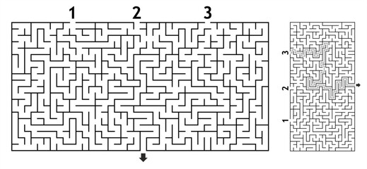 lack and White Minimalist Rectangular Maze Puzzle with Solution – Medium Difficulty Labyrinth Featuring Three Entrances and One Exit