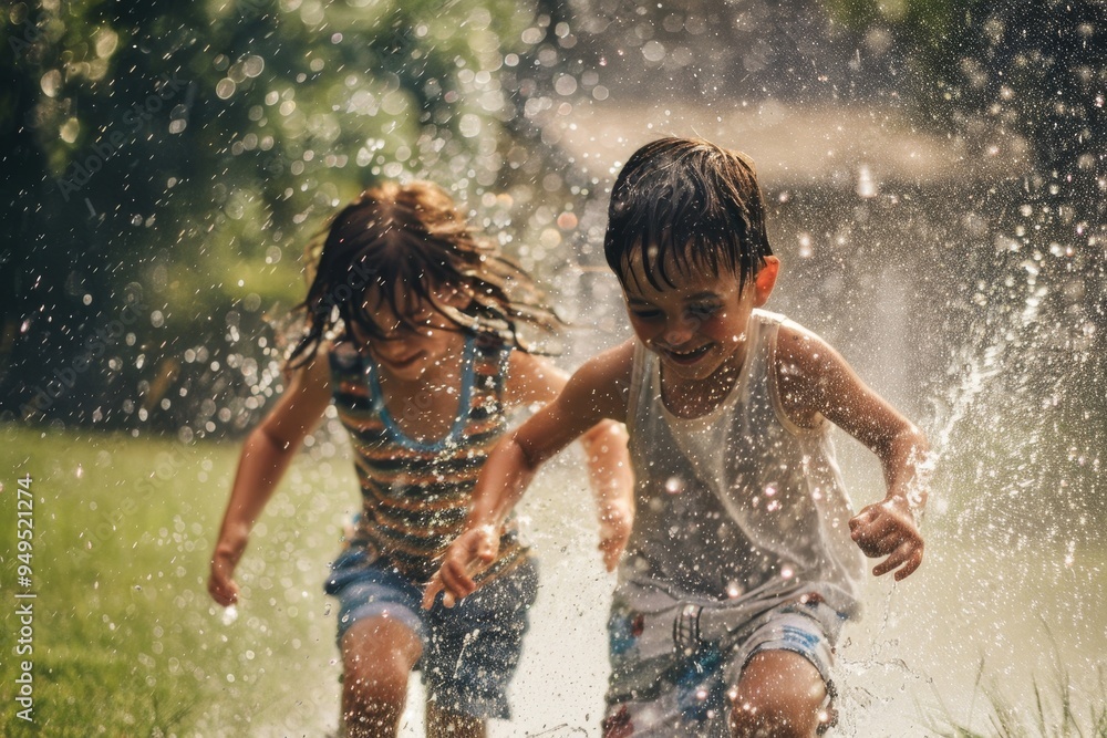 Poster young siblings joyfully running and splashing through a large puddle of water in backyard, siblings 