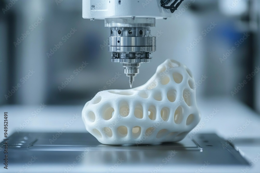 Poster 3d printer head creating a white lattice object